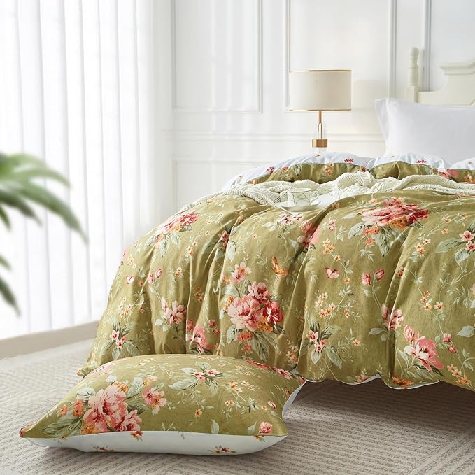 mixinni Duvet Cover Full Size, Long Staple Cotton Reversible Green Floral Duvet - Image 2