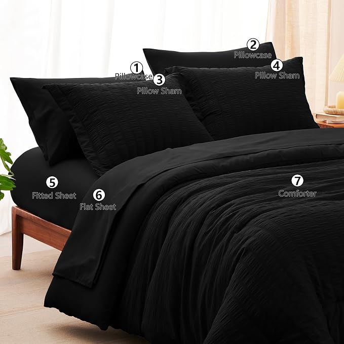 CozyLux Oversized King Comforter Set Black Seersucker 7 Pieces 120x98 Bed in a - Image 7