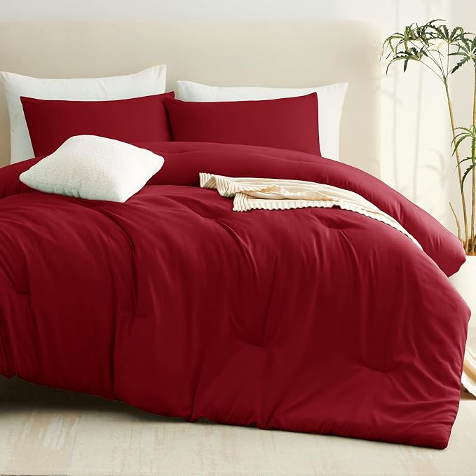 CozyLux Oversized Queen Comforter Set Dark Red, 3 Pieces 98x98 Solid Breathable - Image 8