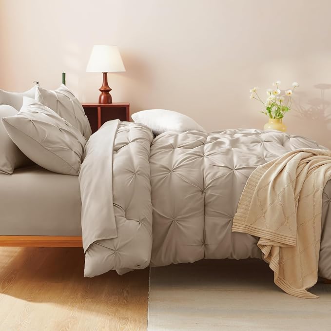 CozyLux King Size Comforter Set Wheat, 7 Pieces Pintuck Bed in A Bag Wheat - Image 8