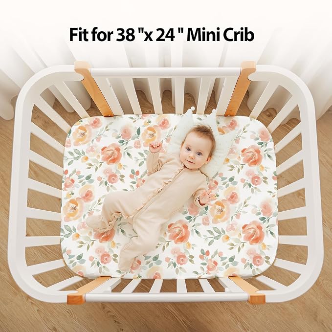Baby Mini Crib Sheets Girl, Portable 38”x26” Pack and Play Sheets Fitted - Image 5