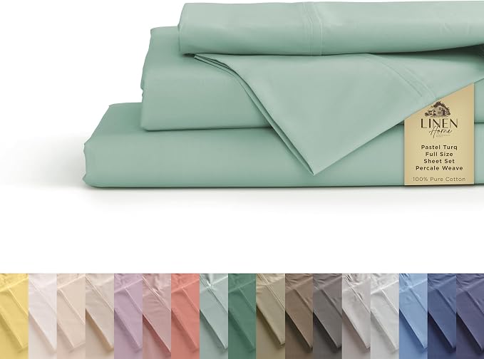 Linen Home 100% Cotton Percale Sheets Full Size, Pastel Turk, Deep Pocket by LINENHOME