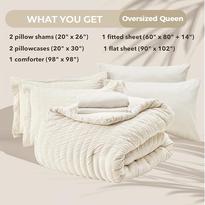 HYMOKEGE Ivory Oversized Queen Comforter Set Seersucker 7 Pieces, All Season - Image 5