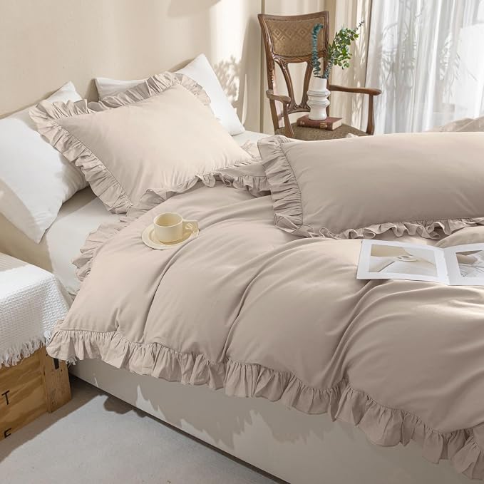 QSH Beige Khaki Ruffle Duvet Cover Queen Size Washed Cotton - Image 6
