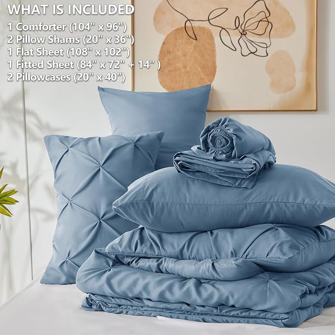 HIMEET Pintuck Bed in a Bag, 7 Pieces California King Comforter Set Grayish Blue - Image 8