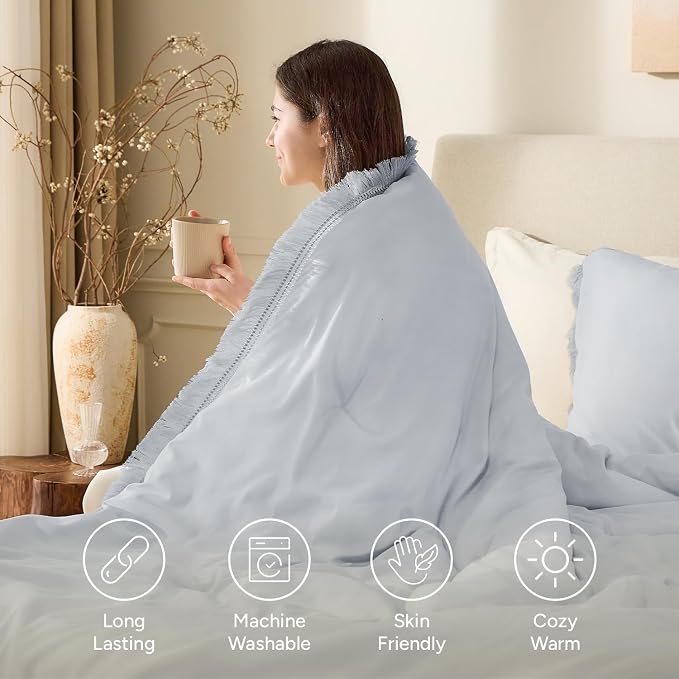 Andency Light Grey Comforter Set Queen, 3 Pieces Boho Tassel Lightweight - Image 4