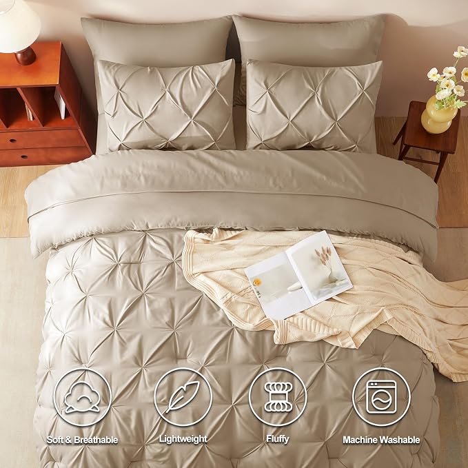 CozyLux King Size Comforter Set Taupe, 7 Pieces Pintuck Bed in A Bag Taupe - Image 2