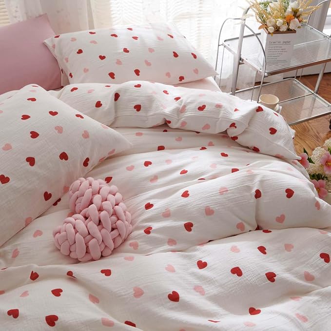 Nayoroom Heart Duvet Cover Set Queen Size Red Pink Hearts Printed on White - Image 5