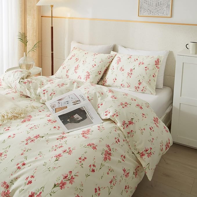 mixinni Boho Red Floral Girl Duvet Cover Set, Soft Cotton King Size 3-Piece - Image 2