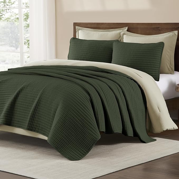 WRENSONGE King Size Quilt-3 Pieces Lightweight Bedspreads Dark Green King Quilt - Image 2