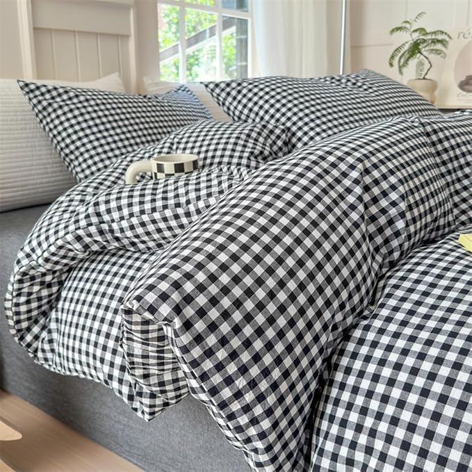Nayoroom Black and White Gingham Duvet Cover Queen Size 100% Washed Cotton by Nayoroom