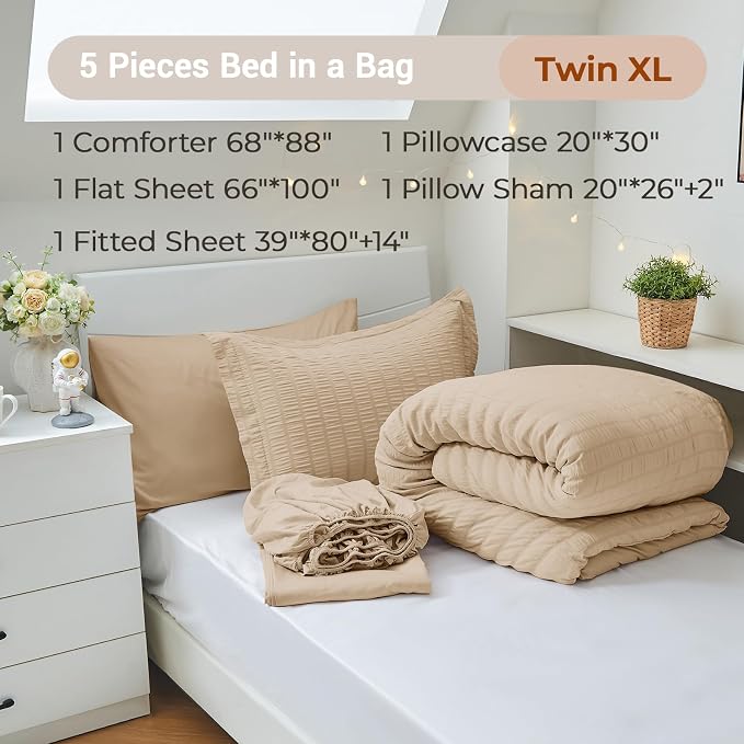 MUXHOMO 5 Pieces Twin XL Comforter Set, Seersucker Bed in a Bag Twin XL Size - Image 4
