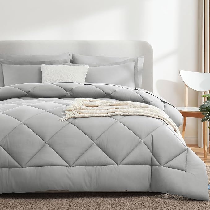 CozyLux Oversized King Comforter Set Light Grey, 7 Pieces Bed in a Bag - Image 9