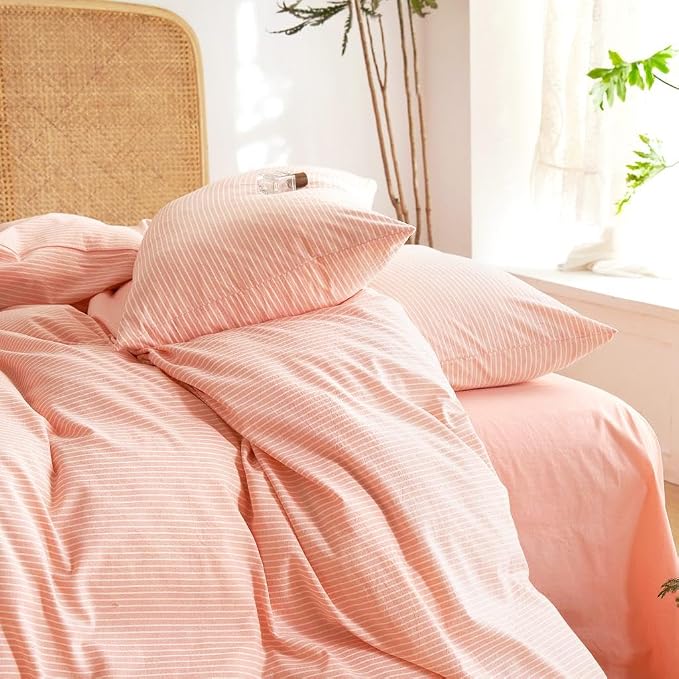 Wake In Cloud - Striped Cotton Duvet Cover Set, 100% Washed Cotton Textured - Image 6
