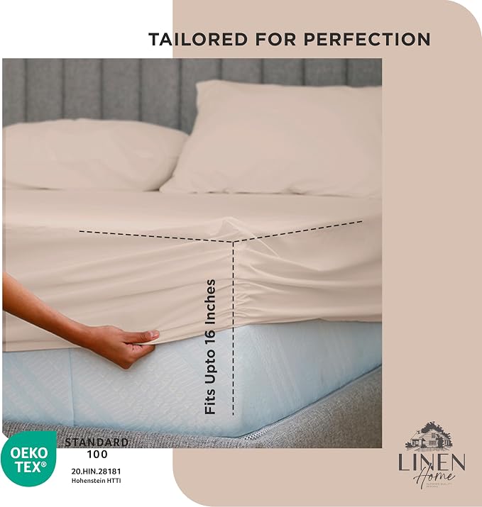 Linen Home 100% Cotton Percale Weave Fitted Sheet, Full Size, Sand Shell - Image 3