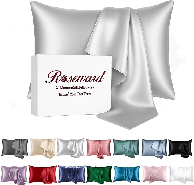 Grey Mulberry Silk Pillowcase for Acne Prone Skin Sleeping Women, Pure 22 Momme by ROSEWARD