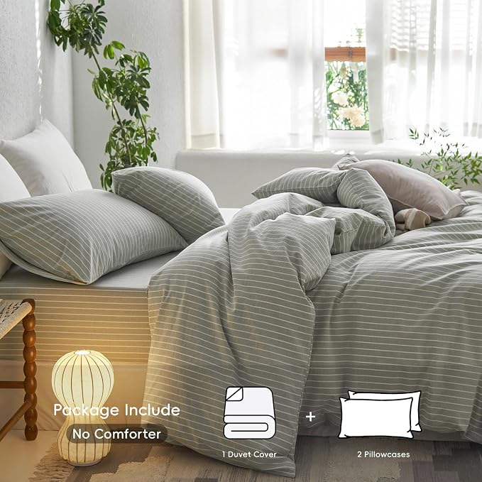 MooMee Striped Duvet Cover Set 100% Washed Cotton Linen Like Textured - Image 2