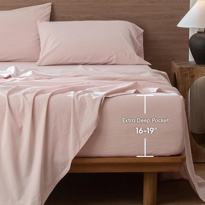 MooMee Fitted Bottom Sheet Only 100% Washed Cotton Linen Like Textured - Image 2