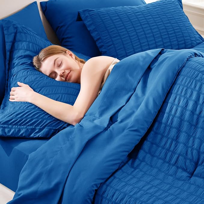 CozyLux King Size Comforter Set Classic Blue Seersucker 7 Pieces Bed in a Bag - Image 5