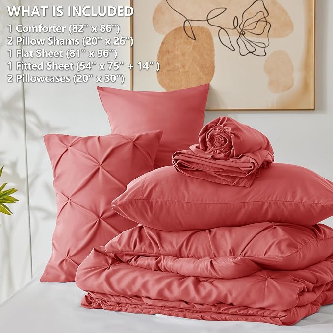 CozyLux Full Size Comforter Sets Coral, 7 Pieces Pintuck Bed in A Bag Coral - Image 6