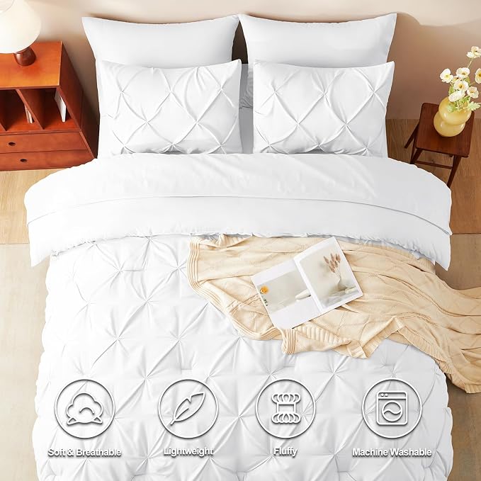 HIMEET Pintuck Bed in a Bag, 7 Pieces Oversized King Comforter Set White - Image 2