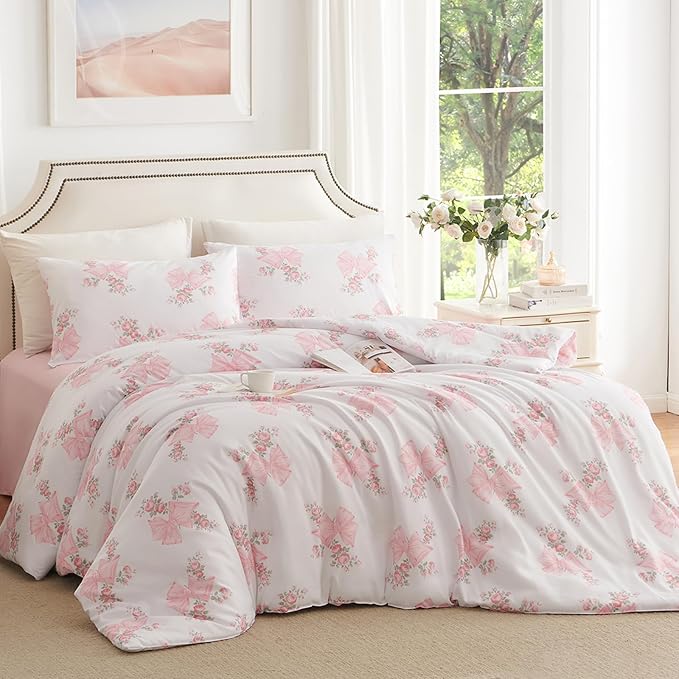 Nayoroom Pink Bow Duvet Cover Queen Size Coquette Pink Floral Duvet Cover 3 - Image 3