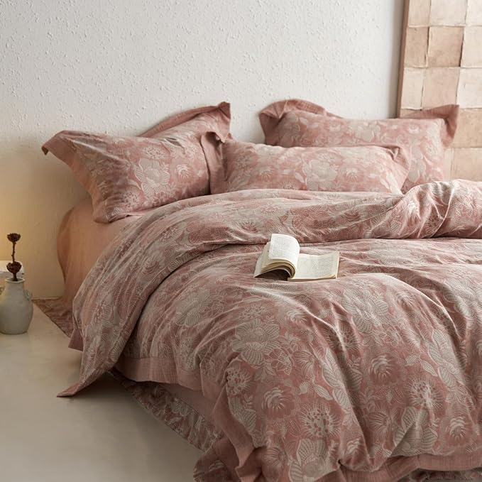 mixinni Duvet Cover King, Premium Cotton Double-Layer Yarn Pink Floral Jacquard - Image 2
