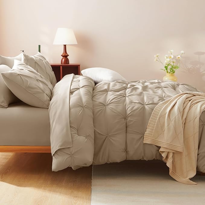 CozyLux Full Size Comforter Sets Taupe, 7 Pieces Pintuck Bed in A Bag Taupe - Image 8