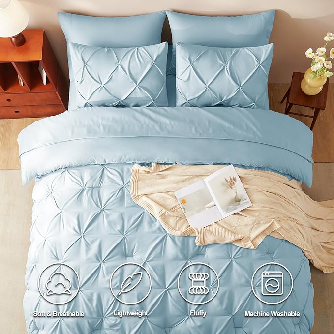 CozyLux Full Size Comforter Sets Light Blue, 7 Pieces Pintuck Bed in A Bag Blue - Image 2