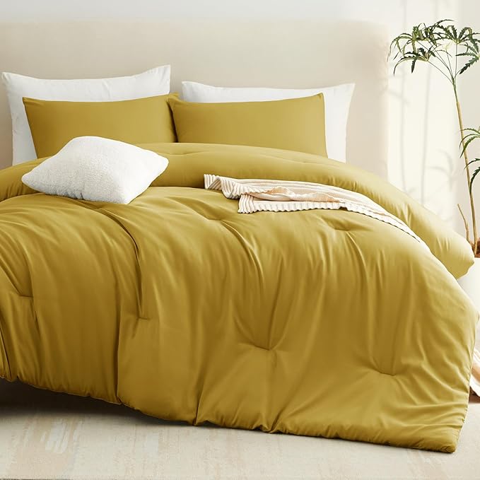 CozyLux Queen Comforter Set Mustard Yellow, 3 Pieces Solid Comforters Queen - Image 8