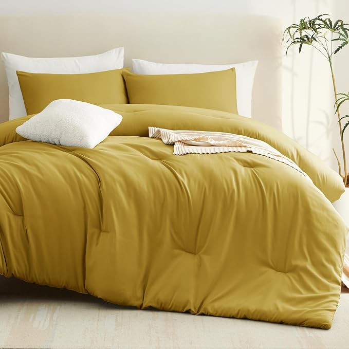 CozyLux Full Size Comforter Set Mustard Yellow, 3 Pieces Solid Breathable - Image 8
