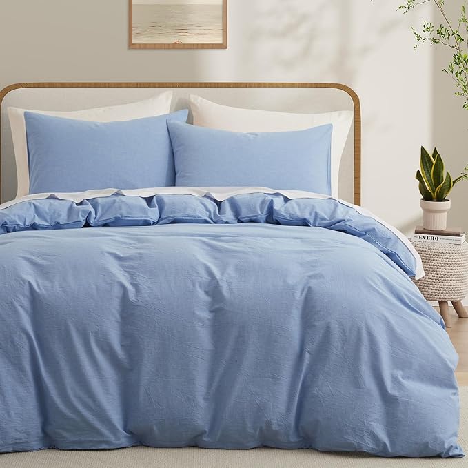 LOVQUE Light Blue Duvet Cover Full Size, 100% Washed Cotton Linen Like Bedding by LOVQUE