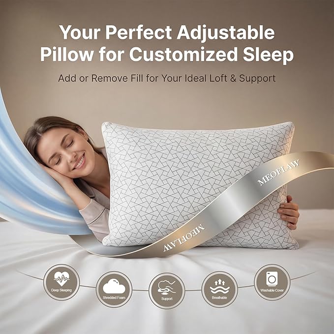 Meoflaw Adjustable Memory Foam Pillows: 2 Pack King Size Shredded Foam Bed - Image 2