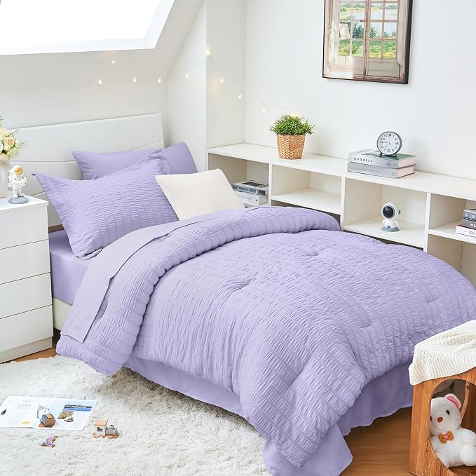 HYMOKEGE Light Purple Twin XL Comforter Set Seersucker 5 Pieces, All Season by HYMOKEGE