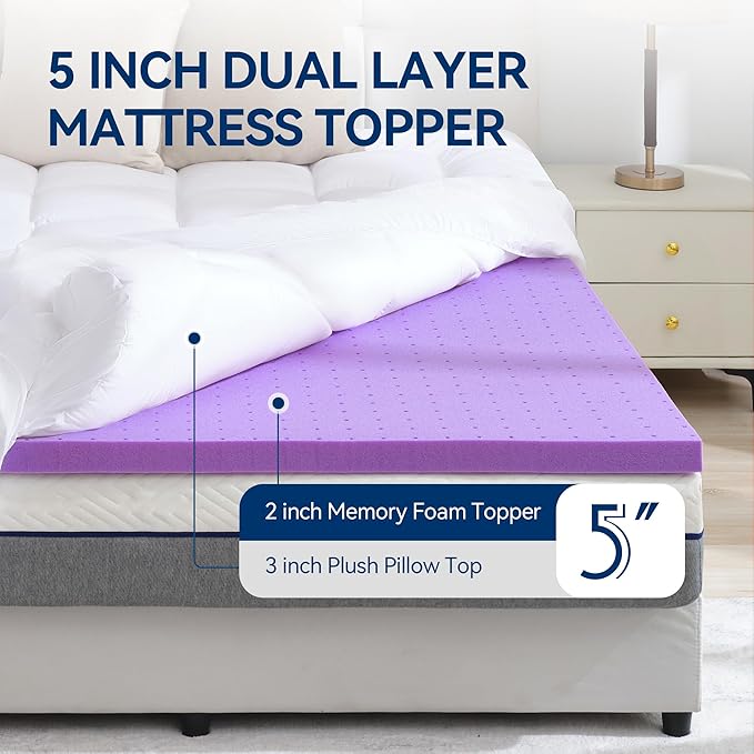 BDEUS Dual Layer 5 Inch Memory Foam Mattress Topper Twin Size, 2 Inch Gel - Image 2