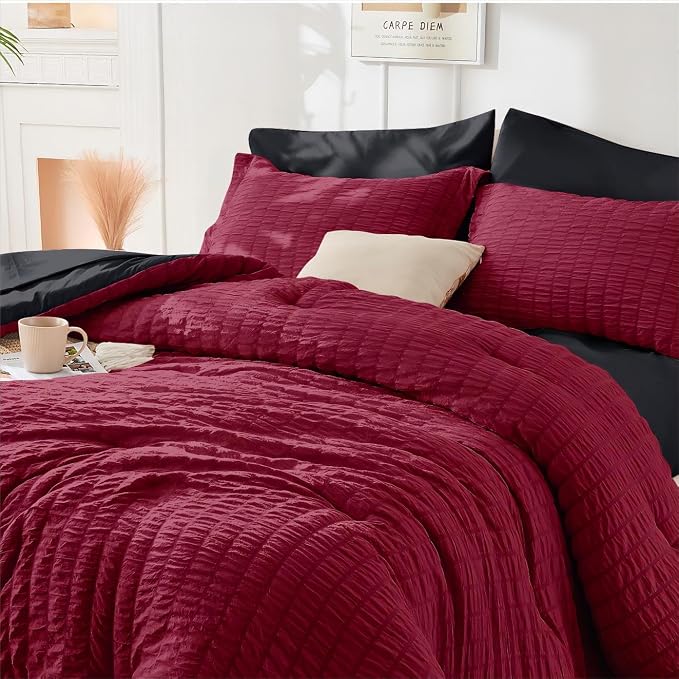 HYMOKEGE Dark Red/Black Duvet Cover Full Size, Ultra Soft 3-Piece Seersucker - Image 2