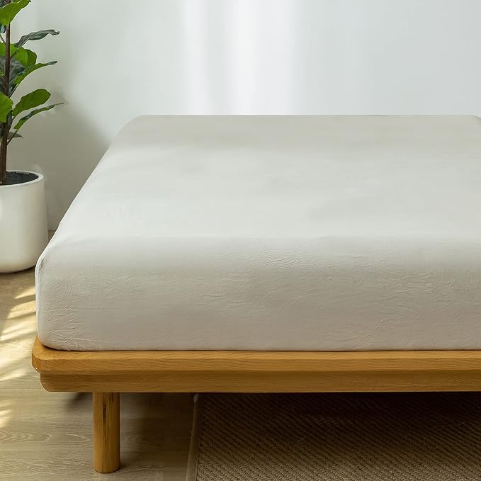 MooMee Fitted Bottom Sheet Only 100% Washed Cotton Linen Like Textured - Image 4