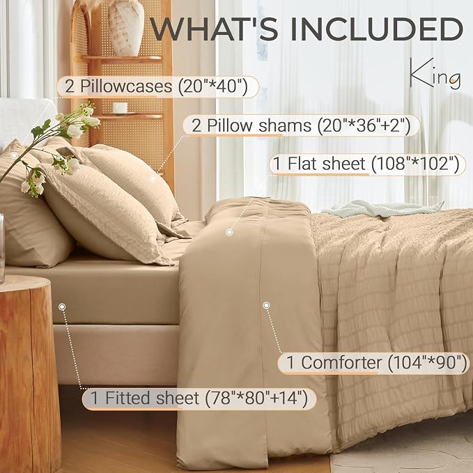 MUXHOMO 7 Pieces King Comforter Set, Seersucker Bed in a Bag King Size - Image 4