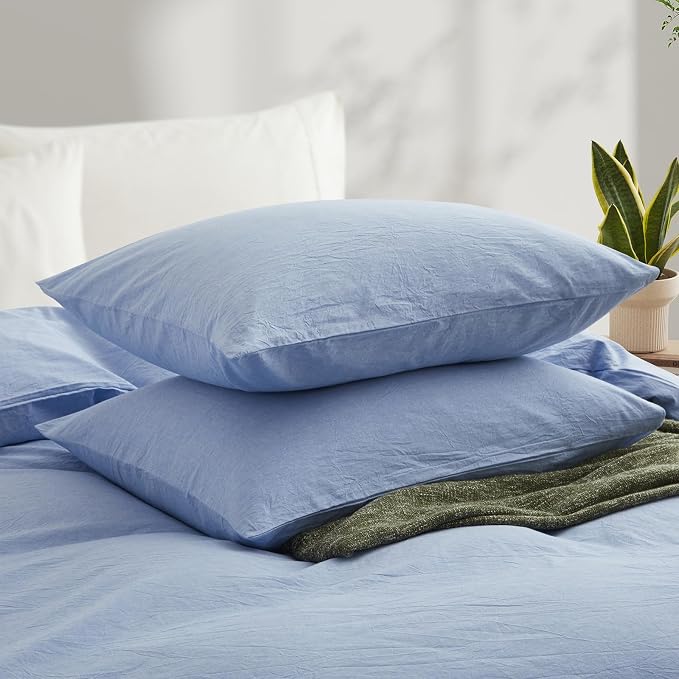 LOVQUE Light Blue Cotton Duvet Cover King Size, Linen Like Natural Bedding Set - Image 3