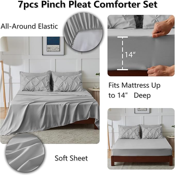 CozyLux King Size Comforter Set Light Grey, 7 Pieces Pintuck Bed in A Bag Gray - Image 6