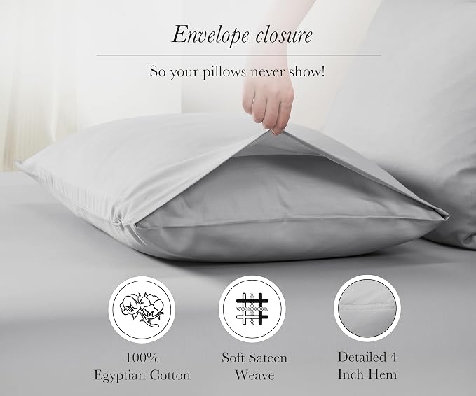 King Size Pillowcase Egyptian Cotton Set of 2, Sateen Weave, Soft and - Image 5