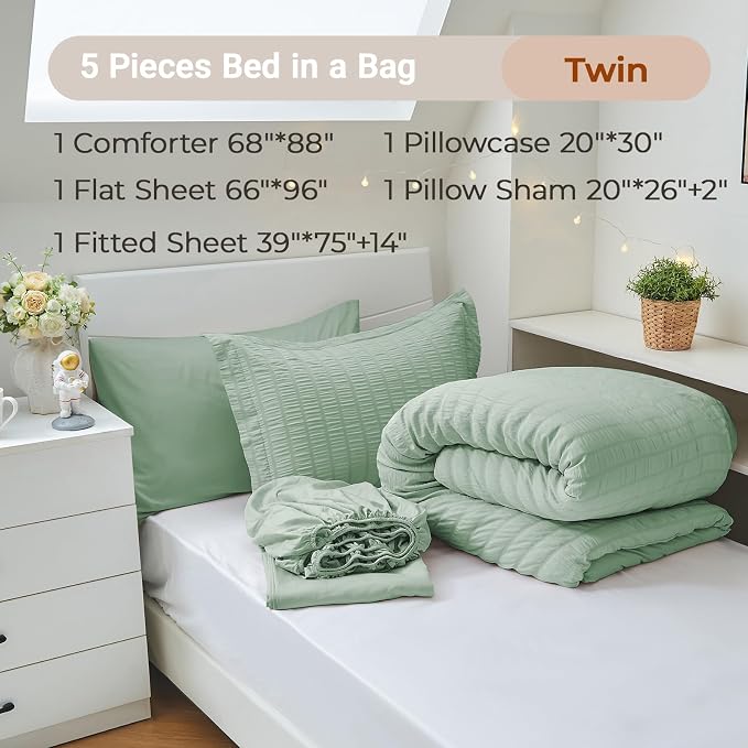 MUXHOMO 5 Pieces Twin Comforter Set, Seersucker Bed in a Bag Twin Size - Image 4