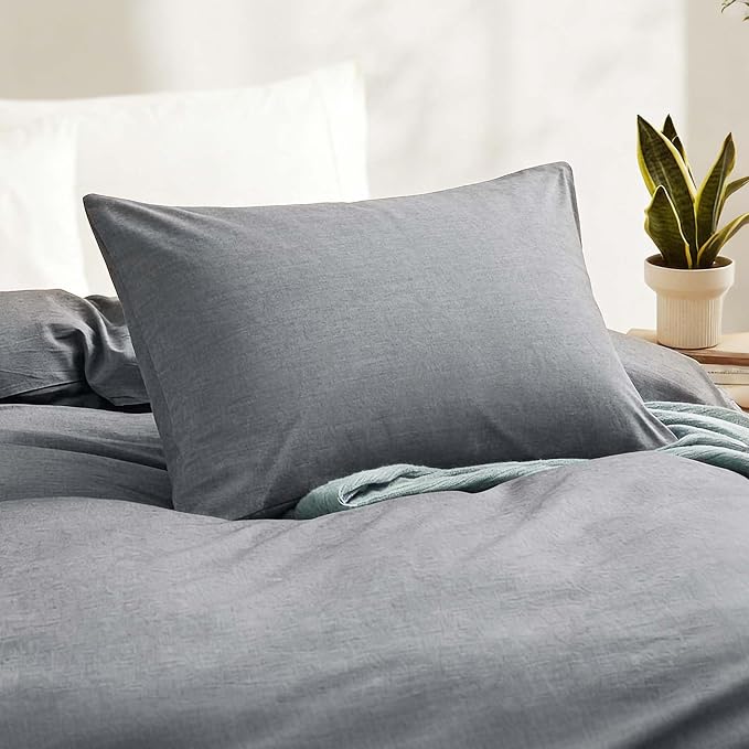 LOVQUE Light Grey Cotton Duvet Cover Twin Size, Linen Like Natural Bedding Set - Image 3