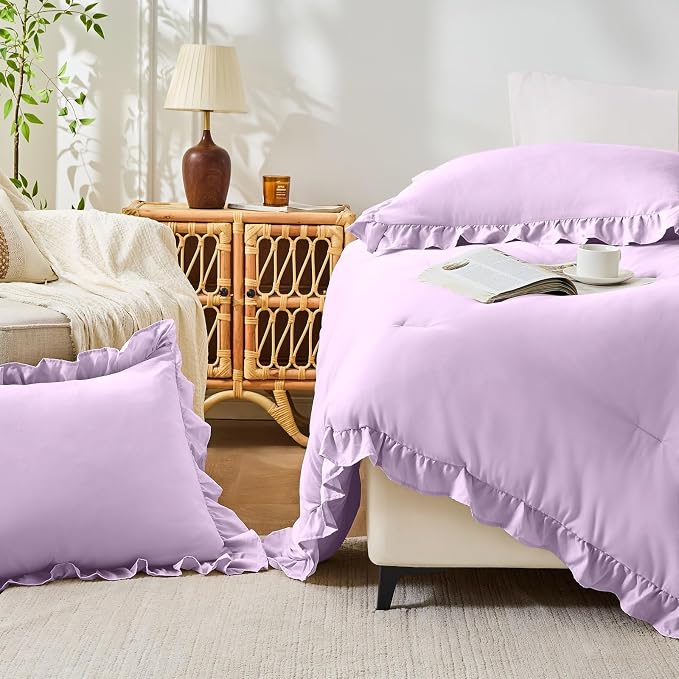 FUANNA Queen Comforter Set Lavender, 3 Pieces Ruffle Queen Bed Set, Fluffy Bed - Image 7