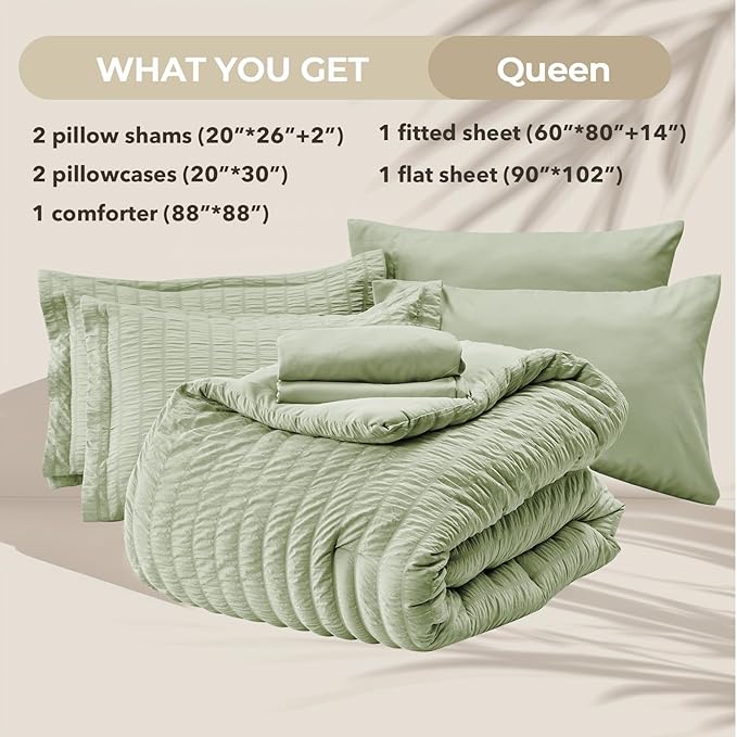 HYMOKEGE Light Green Queen Comforter Set Seersucker 7 Pieces, All Season Luxury - Image 5