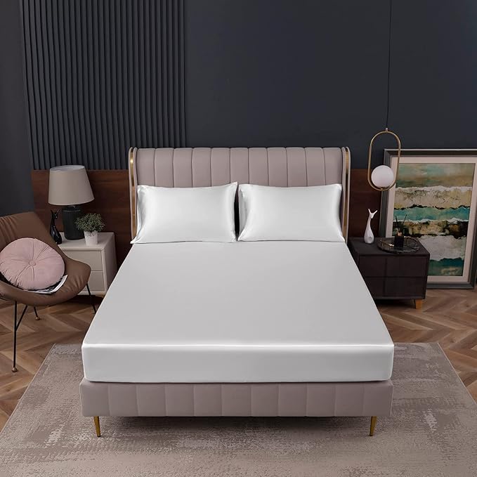 Homiest White Satin Fitted Twin XL Size Bed Sheet, Deep Pocket, Luxury & Ultra - Image 2