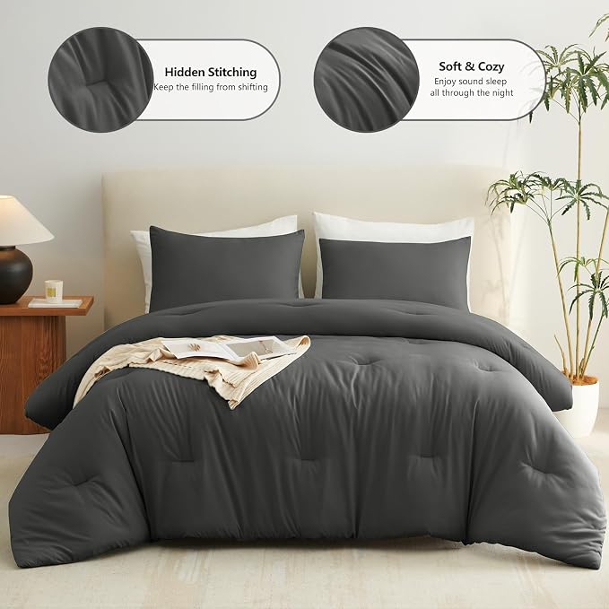 CozyLux California King Comforter Set Dark Grey, 3 Pieces Cal King Solid - Image 2