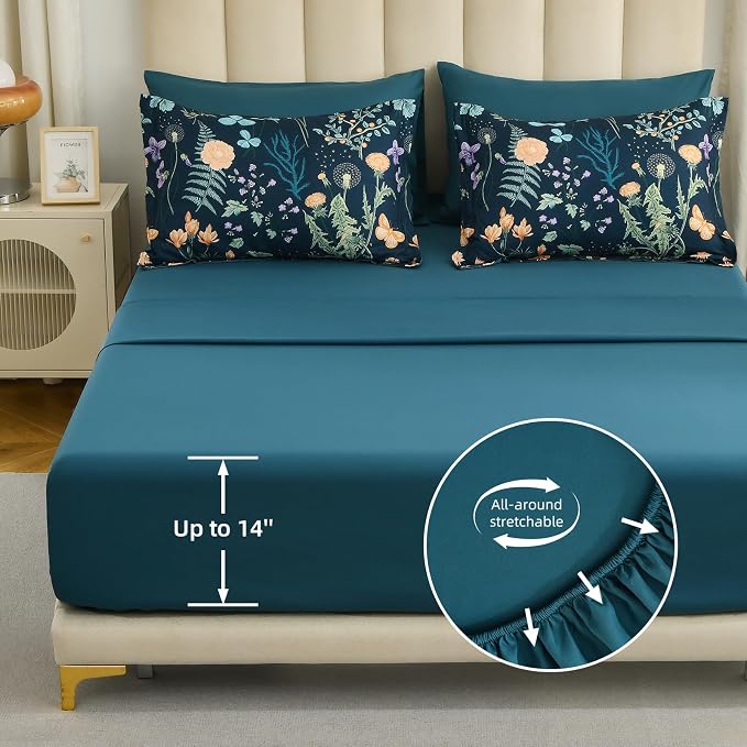 Yiran King Size Comforter Set 7 Pieces, Peacock Blue Botanical Floral Winter - Image 6