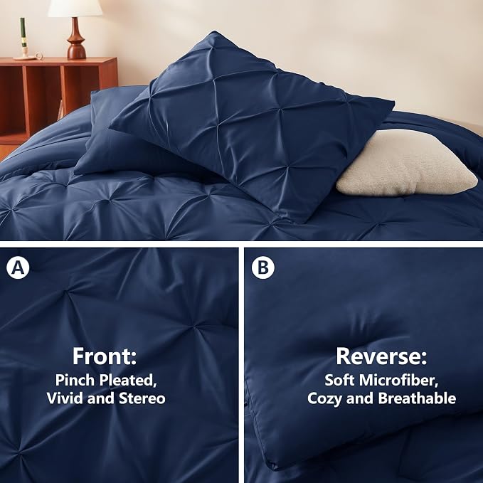 HIMEET Pintuck Bed in a Bag, 7 Pieces Queen Size Comforter Set Navy Blue - Image 3