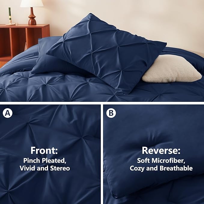 HIMEET Pintuck Bed in a Bag, 5 Pieces Twin XL Comforter Set Navy Blue, Extra - Image 3